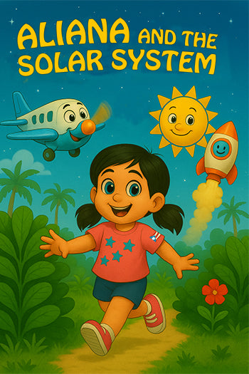 Book cover of 'Aliana and the Solar System' with a girl, airplane, sun, and rocket.