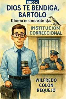 Book cover of 'Dios Te Bendiga, Bartolo' with a man holding a coffee cup and a bird on his shoulder.