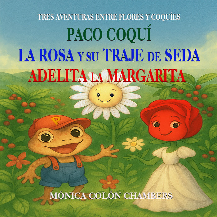 Book cover with a frog and flower characters in a garden setting, featuring colorful text.